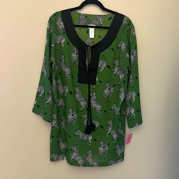 NWT Kate Spade Women’s Tunic Cover Up Zebra Green Black Tie Front Sz Small Chic - Picture 3 of 12